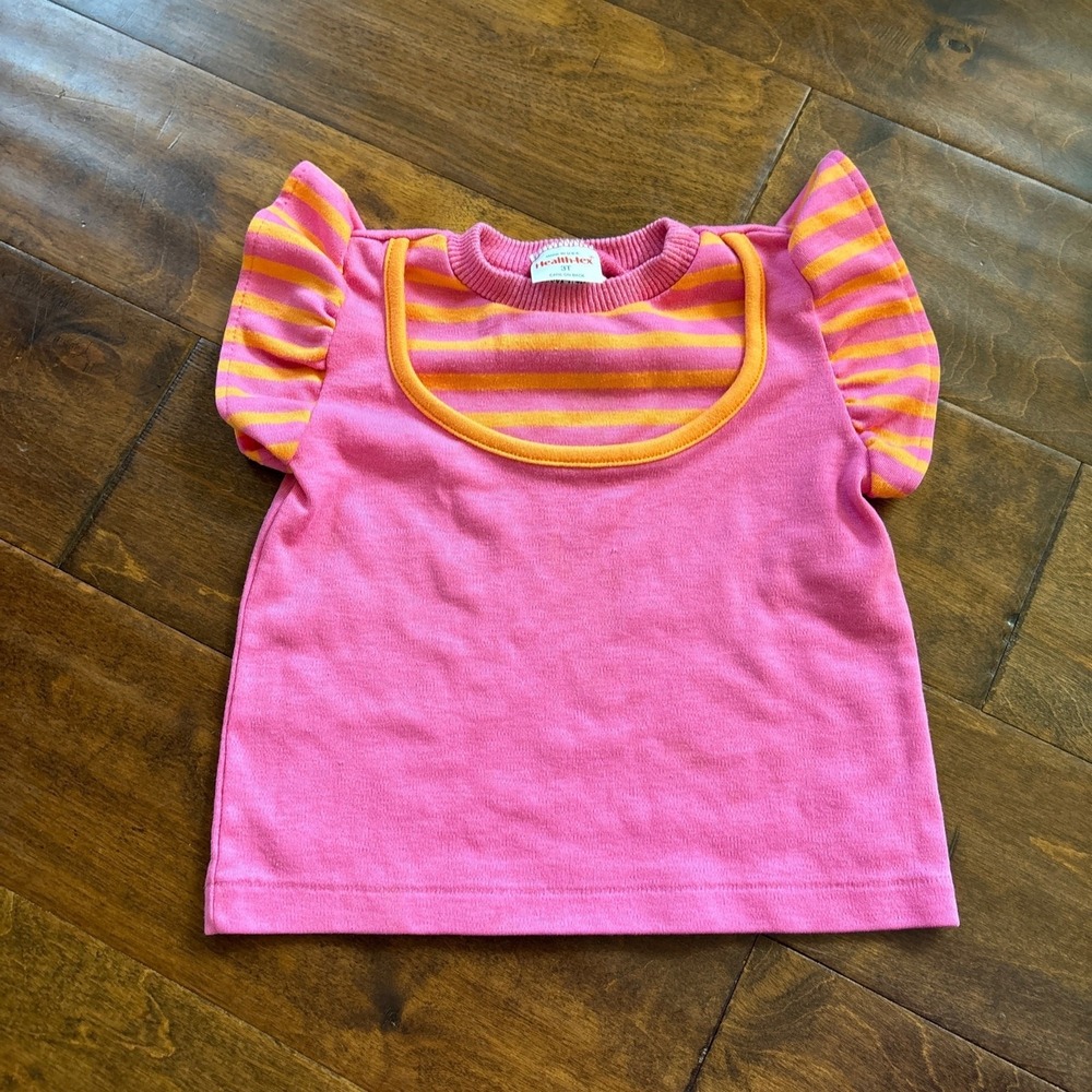 Vintage Healthtex Girls 3T Tee Shirt Hot‎ Pink Orange Flutter Sleeve Made in USA